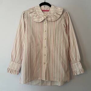 BURU Cream Pink Stripe Button Down Blouse Peter Pan Collar Women's size Medium